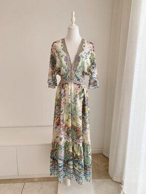 Camilla green silk holiday style sunshine flower lady dress